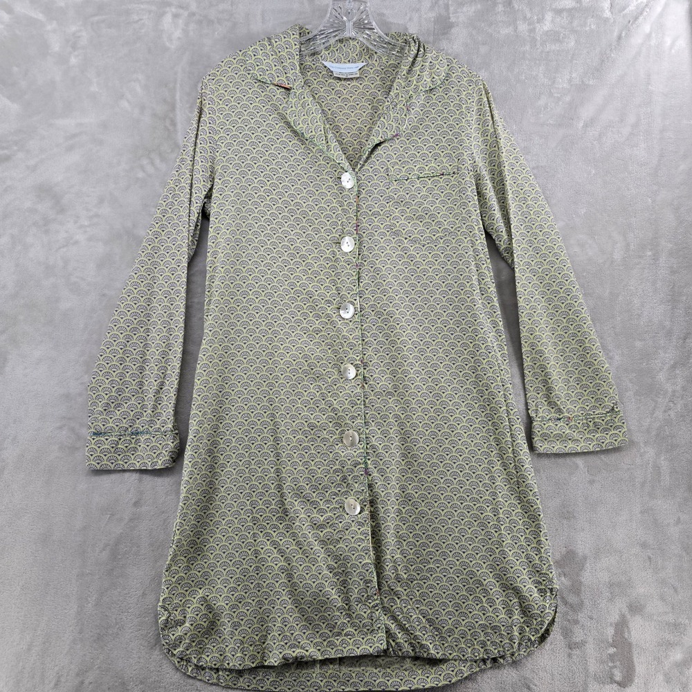 The Company Store Womens XS Nightshirt Dress Green Fan Print Cotton Long Sleeve